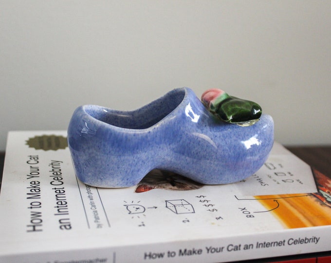 Vintage Shoe Planter | Small Blue Ceramic Indoor Succulent Pot with Drainage