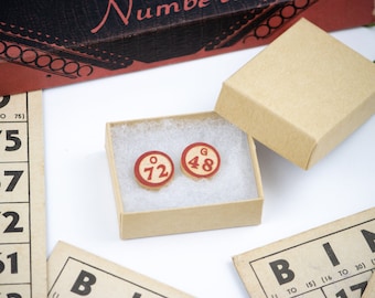 Bingo Number Wood Stud Earrings | Made with Vintage Bingo Numbers | Made with Surgical Stainless Steel