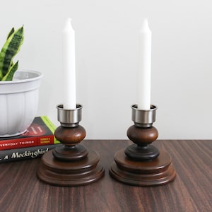 Pair of Vintage Wood Candlestick Holders | Cottagecore Turned Wood Candle Holders
