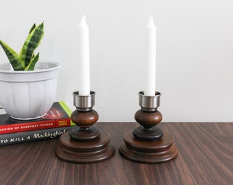 Pair of Vintage Wood Candlestick Holders | Cottagecore Turned Wood Candle Holders