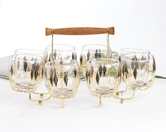 Mid Century Roly Poly Whiskey Glasses | Federal Glass Company Black Diamond Set of 8 Glasses with Caddy