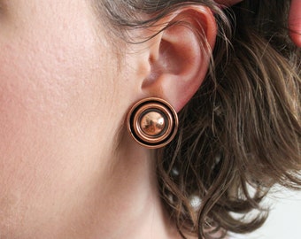 Renoir Round Copper Earrings | Mid Century Modernist Vintage Clip-On Earrings