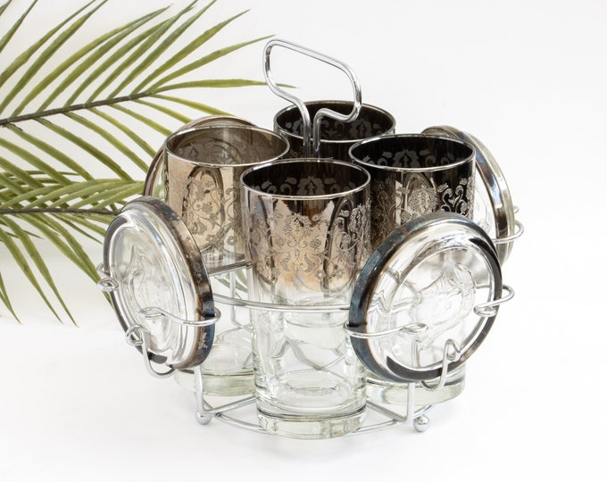 Vintage Highball Glasses and Coasters with Caddy | Set of 4 Silver Fade / Silver Ombre Glasses and 4 Coasters by Royal Luster