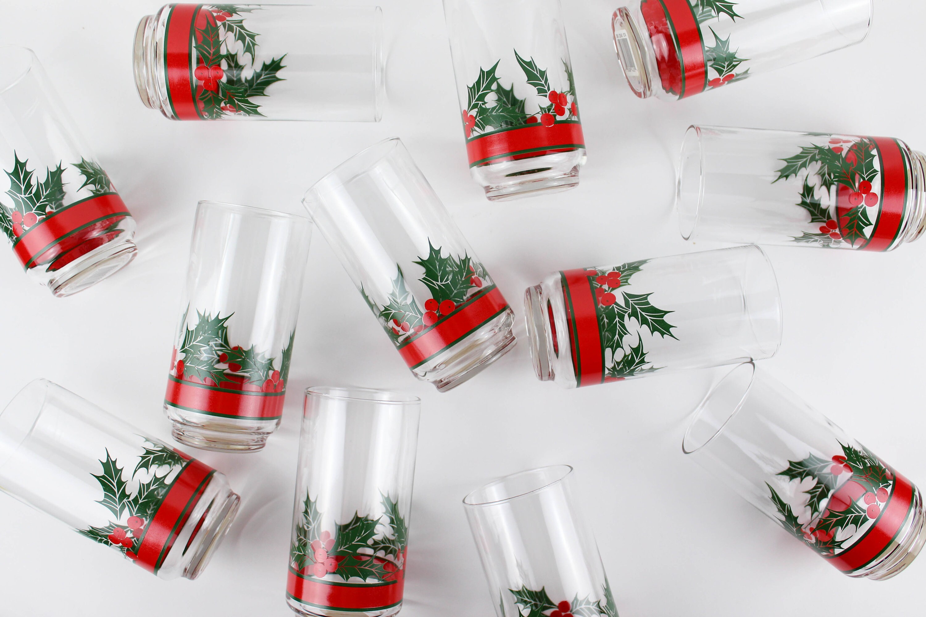 Vintage Christmas Drinking Glasses Set Libbey Holly & Berries 16 fl