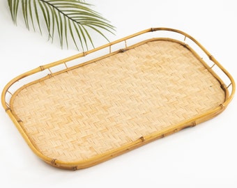 Vintage Bamboo and Rattan Bed Tray | Boho Breakfast Tray with Herringbone Wicker | Imperfect