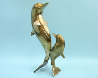 Vintage Brass Dolphin Figurine | Large Dancing Dolphin Brass Animal Statue of Mom and Baby | Great for Boho, Nautical, Beach, or MCM Decor