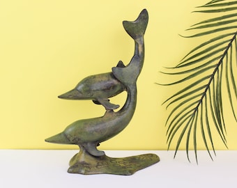 Vintage Painted Brass Dolphins Swimming | Pair of Swimming Dolphins Statue