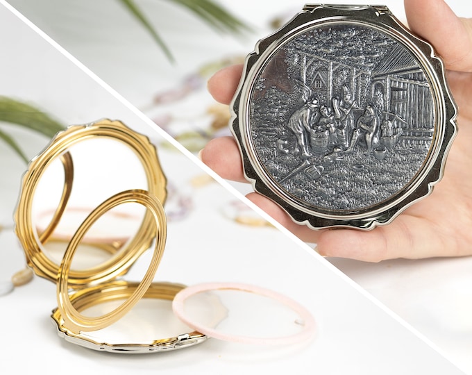 Vintage Powder Compact | Stratton Queen Convertible Powder Compact for Pressed Powder & Loose Powder | Silver Village Scene