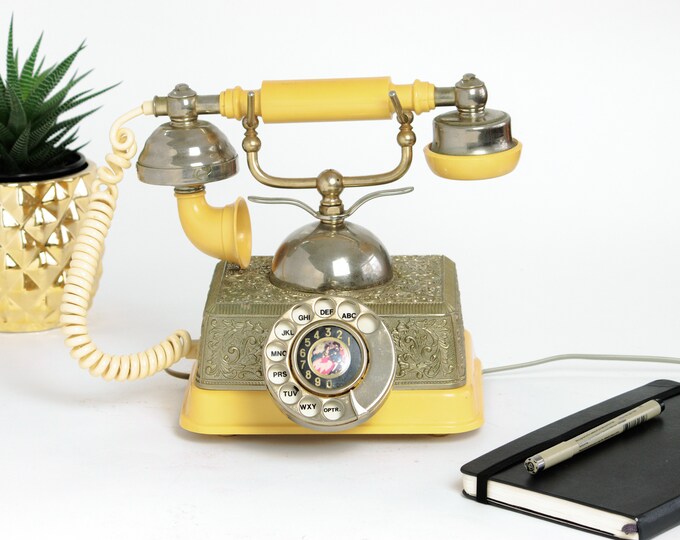 Vintage Rotary Phone | French Continental Style Land Line Phone | Ornate Brass Filigree with Butterscotch Plastic Accents