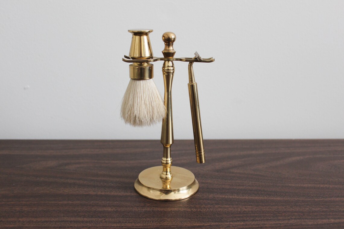 Vintage Brass Shaving Kit with Beard Brush Razor and Stand Etsy