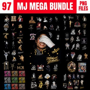 May include: A digital bundle of 97 PNG files featuring images of Michael Jackson. The images include portraits, logos, and illustrations of the singer. The text "MJ MEGA BUNDLE" and "PNG FILES" are displayed in red.