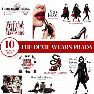 Könnte beinhalten: Eine Collage mit Mode-Themenbildern und Texten. Enthält Bilder von Lippenstift, High Heels, Sonnenbrillen und Modeillustrationen. Der Text enthält Sätze wie "Der Teufel trägt Prada" und andere Modezitate.