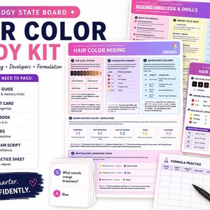 May include: A cosmetology state board hair colour study kit featuring a multi-page guide, pocket cheat cards, flashcards, a practical exam script, and a formula practice sheet. The materials include charts on the level system, mixing ratios, and developer volumes.