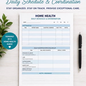 Może przedstawiać: Drukowany planer Home Health Daily Schedule & Coordination. Projekt zawiera sekcje dla harmonogramów wizyt, codziennej koordynacji i notatek. Czarny długopis spoczywa po prawej stronie strony. Zaprojektowany dla pielęgniarek domowych.