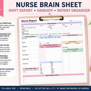 Puede incluir: Una hoja de reporte de enfermería imprimible en un portapapeles con un bolígrafo rosa. El documento incluye secciones para datos del paciente, signos vitales, evaluación de sistemas, ingesta y excreción, horario de medicamentos y notas SBAR.