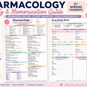 Puede incluir: Una guía de estudio y memorización de farmacología de dos páginas para estudiantes de enfermería. El documento incluye tablas de clases de medicamentos, seguridad, antídotos y ganchos de memoria, junto con hojas de trabajo de repaso.