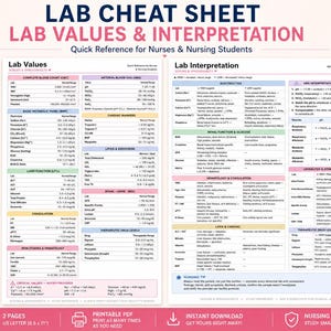 May include: A pink and white lab cheat sheet titled "LAB VALUES & INTERPRETATION" for nurses and nursing students. The sheet includes lab values, interpretation, and quick reference guides. The document is 8.5 x 11 inches.