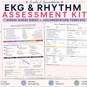Peut inclure: Un kit d'évaluation EKG et de rythme en deux pages comprenant une fiche mémo visuelle et un modèle de documentation. Les documents incluent des sections pour le placement des dérivations, l'interprétation du rythme et la télémétrie.