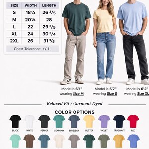 May include: A Comfort Colors 1717 t-shirt size guide and color chart. The chart displays width and length measurements in inches for sizes S to 2XL. It includes a grid of 32 solid color options and three models wearing different shirt colors.