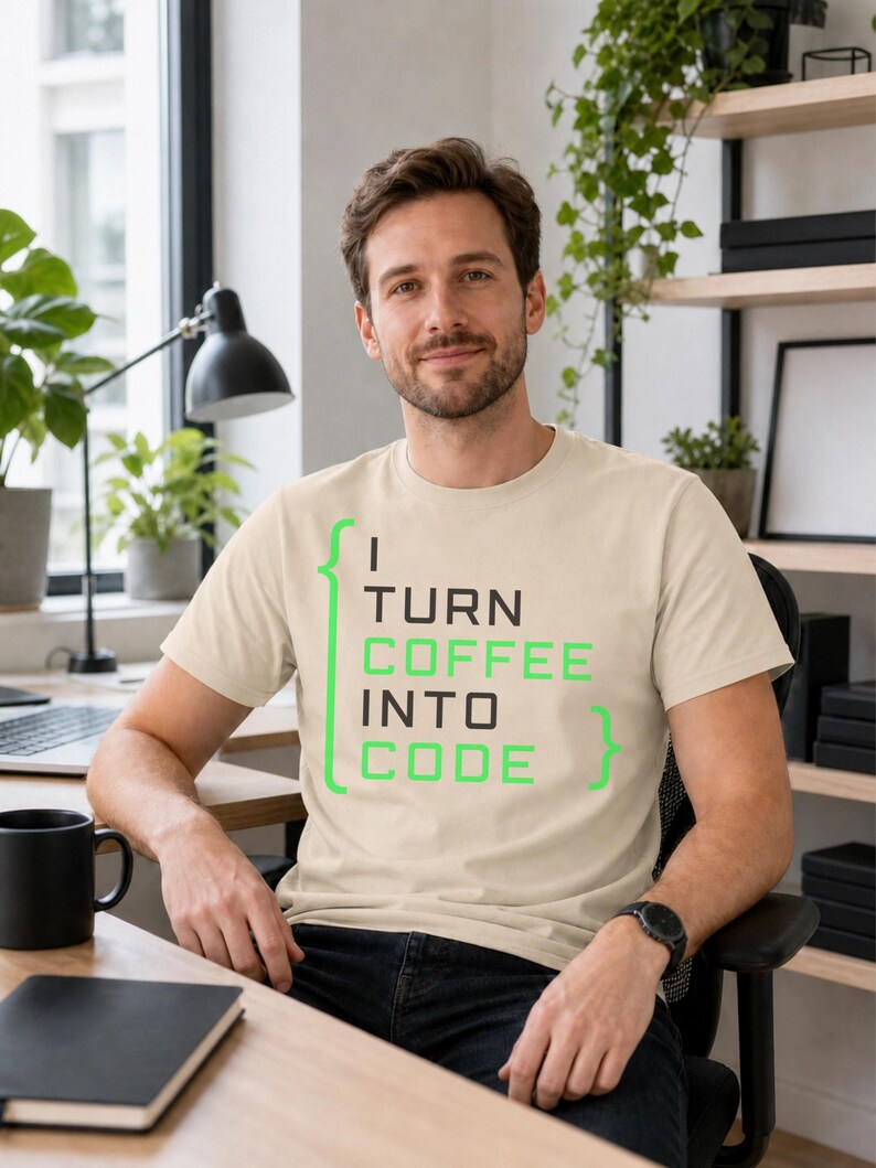 May include: A beige short-sleeved t-shirt featuring the text "I TURN COFFEE INTO CODE" in a mix of black and bright green lettering, framed by bright green curly brackets on the left and right sides of the printed graphic design.