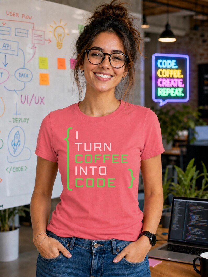 May include: A coral-colored short-sleeve t-shirt featuring the text "I TURN COFFEE INTO CODE" in white and lime green lettering, framed by two large curly brackets. The shirt has a crew neckline and a standard fit, made of a solid fabric.