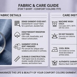 May include: A fabric and care guide for Comfort Colors 1717 t-shirts. The image features a magnifying glass over blue knit fabric, listing 6.1 oz/yd2 dense garment-dyed ringspun cotton details and care instructions including cold wash and low tumble dry.