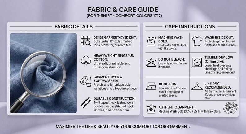 May include: A fabric and care guide for Comfort Colors 1717 t-shirts. The image features a magnifying glass over blue knit fabric, listing 6.1 oz/yd2 dense garment-dyed ringspun cotton details and care instructions including cold wash and low tumble dry.