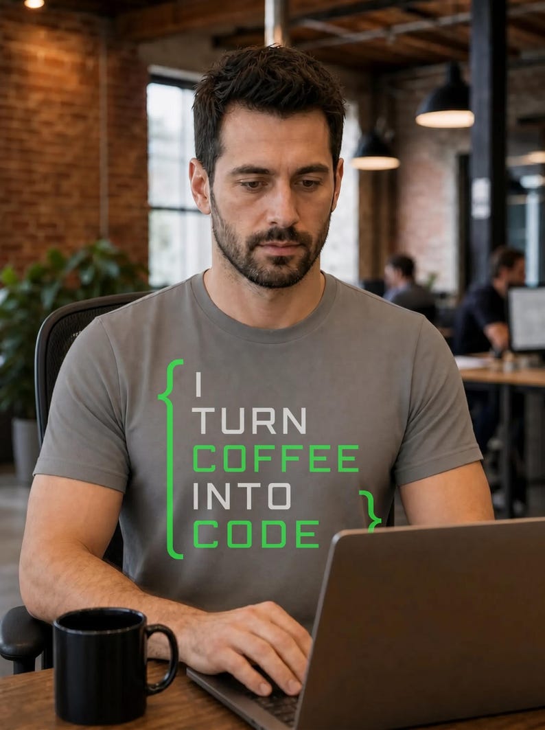 May include: A grey short-sleeved t-shirt featuring the text "I TURN COFFEE INTO CODE" printed in white and green, with green curly brackets framing the text. The shirt has a crew neckline and a standard fit, displayed on a person using a laptop.