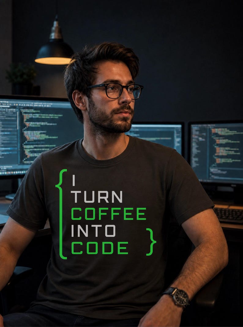 May include: A dark gray short-sleeved t-shirt featuring the text "I TURN COFFEE INTO CODE" in a mix of white and green lettering, enclosed within green curly brackets. The design is centered on the chest of the garment.