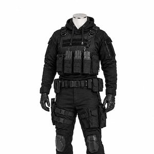Peut inclure: Ensemble uniforme tactique noir, comprenant une veste à capuche, un gilet tactique, un pantalon cargo avec genouillères, des gants et des bottes de combat. L'uniforme comporte de multiples poches et sangles pour transporter l'équipement. Conçu pour des applications tactiques ou militaires.
