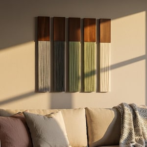 Macrame Wall Hanging, Modern Cotton Fiber Art, Boho Wood Sculpture, Living Room Decor