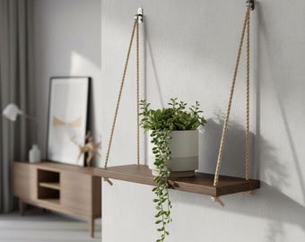 Estante colgante de madera con forma de columpio • Estante flotante de madera para plantas y fotos • Estante de pared estilo boho urbano • Decoración del hogar de madera natural hecha a mano