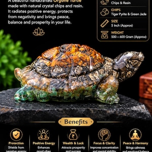 Natural Tiger Eye,  Pyrite, and Green jade Orgonite Turtle | Crystal Chips Resin turtle | Home and Office desk decor | Energy Crystal |