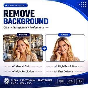 Puede incluir: Una imagen promocional con el texto "REMOVE BACKGROUND" en azul. Muestra una comparación de antes y después de una foto de una mujer, destacando el proceso de eliminación del fondo. El texto adicional incluye "Clean, Transparent, Professional."