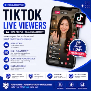 Könnte beinhalten: Werbegrafik für TikTok Live-Zuschauer. Das Bild zeigt ein Smartphone, das ein Live-Video mit einer winkenden Frau anzeigt. Der Text enthält "TikTok Live Viewers", "Real People" und "Order 1 Day Before Live".
