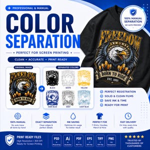 May include: An advertisement for color separation services for screen printing. The image shows a black long-sleeve shirt with an eagle graphic and the text "FREEDOM". The ad highlights clean, accurate, and print-ready results.