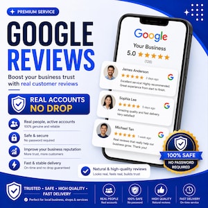 Könnte beinhalten: Werbegrafik für Google Bewertungen, die Kundenbewertungen auf einem Smartphone zeigt. Das Bild hebt die Vorteile echter Konten, sicherer Dienste und schneller Lieferung hervor. Der Text enthält "Google Reviews" und "100% Safe."