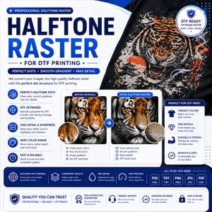 May include: A promotional graphic for halftone raster DTF printing. The design features a tiger illustration on a black t-shirt, showcasing before and after examples. Text highlights perfect dots, smooth gradients, and max detail for vibrant colors and fine details.