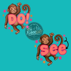 Puede incluir: Dos monos de dibujos animados con las palabras "Do!" y "See" en letras coral. Los monos son marrones con acentos rosas y están rodeados de estrellas rosas y naranjas. El fondo es de color turquesa.