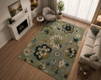 Sage Green Floral Area Rug: Hand Hooked Botanical Traditional Living Room Carpet
