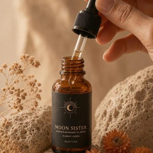 May include: A brown glass bottle of Moon Sister Radiance Renewing Oil Serum with a black label and dropper. The label includes the text "MOON SISTER" and "ROSEHIP + NEROLI". The bottle is 1 fl oz. The dropper is held above the bottle, with a clear liquid inside.