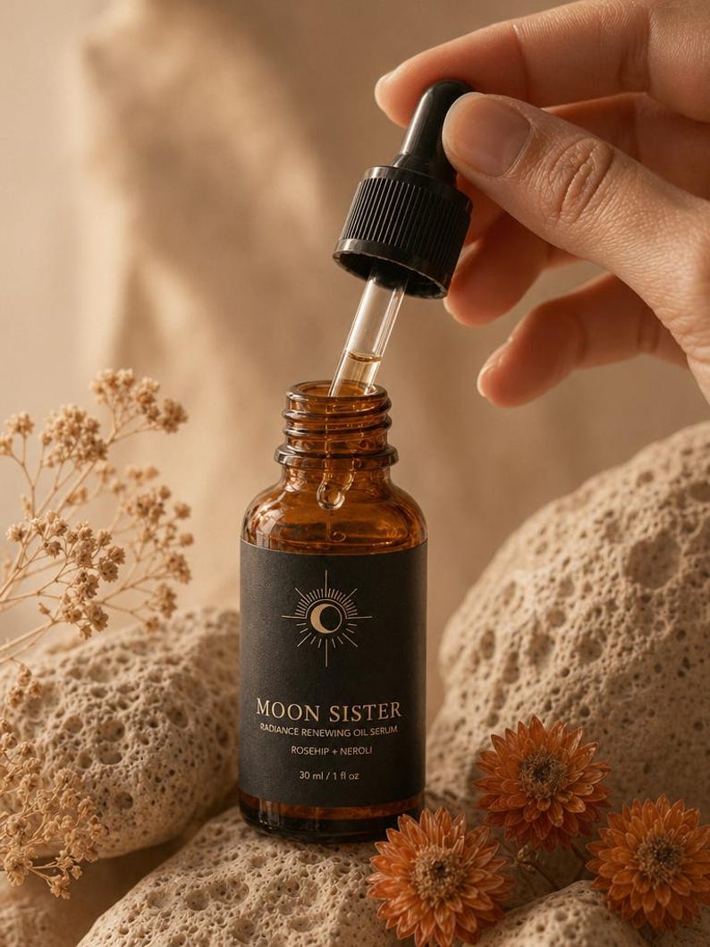 May include: A brown glass bottle of Moon Sister Radiance Renewing Oil Serum with a black label and dropper. The label includes the text "MOON SISTER" and "ROSEHIP + NEROLI". The bottle is 1 fl oz. The dropper is held above the bottle, with a clear liquid inside.