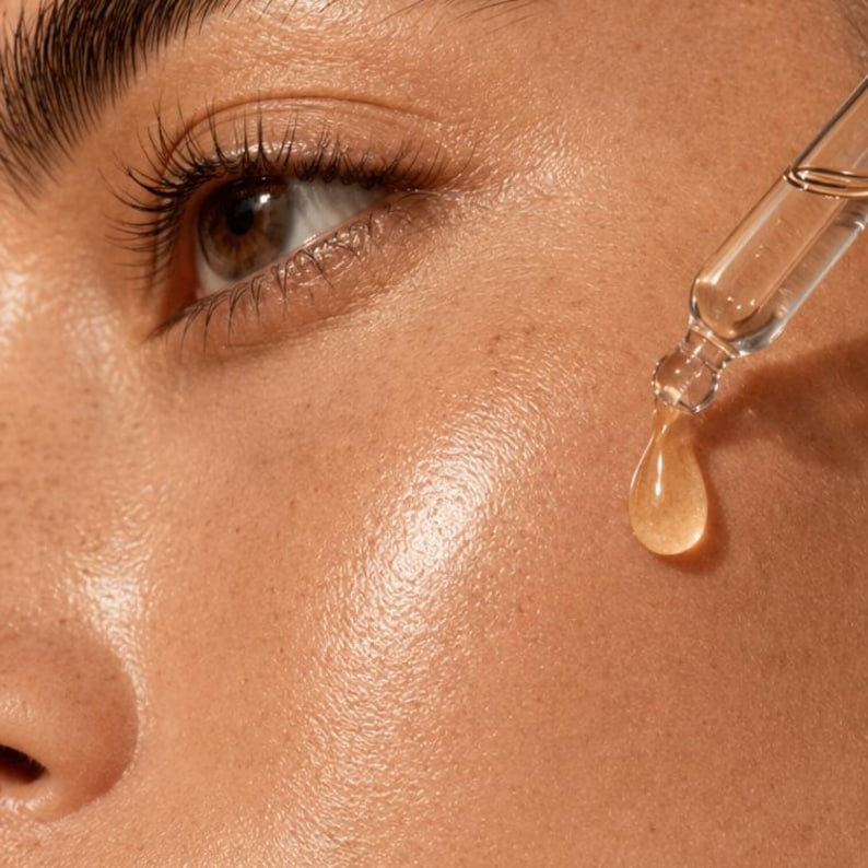 May include: Close-up of a person's face with a clear glass dropper dispensing a golden-colored serum. The serum forms a large droplet on the skin. The skin has a healthy, glowing appearance.