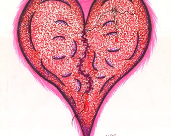 Modèle de tatouage de coeur brisé cousu : aiguille, points de suture, art stylisé