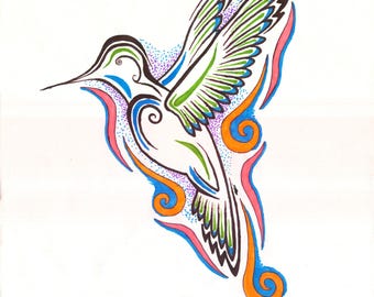 Abstract Hummingbird Tattoo Design: Brightly Colored Art