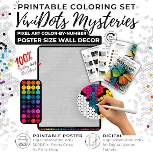 Könnte beinhalten: Ein druckbares Malset mit dem Titel ViviDots Mysteries, das Pixel-Art-Poster zur Wanddekoration mit Malen-nach-Zahlen-System enthält. Es umfasst einen Farbschlüssel, Anleitungen und eine hochauflösende digitale PNG-Datei für die Verwendung auf Tablets.