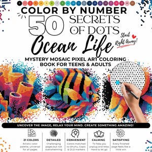 Animali dell'oceano, Colora con i numeri per adulti, Mystery Mosaic Pixel Art Coloring Book, PDF stampabile, Download immediato - 50 segreti dei punti