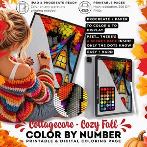 May include: A digital color-by-number activity featuring a cottage illustration with autumn leaves. Includes text: IPAD & PROCREATE READY, PRINTABLE PAGES, PROCREATE + PAPER, PSST... THERE'S A SECRET PAGE INSIDE, Cottagecore - Cozy Fall COLOR BY NUMBER.