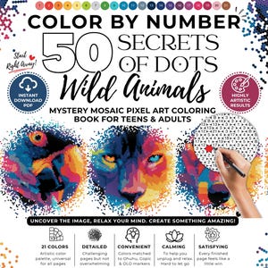 Könnte beinhalten: Ein digitales Malbuch nach Zahlen mit dem Titel 50 Secrets of Dots Wild Animals, das mysteriöse Mosaik-Pixel-Art für Jugendliche und Erwachsene enthält. Das Cover zeigt bunte Tierporträts, eine nummerierte Farbpalette und ein kreisförmiges Raster.