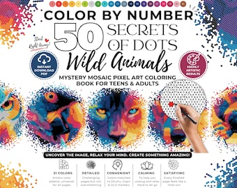 May include: A digital colour by number colouring book titled 50 Secrets of Dots Wild Animals featuring mystery mosaic pixel art for teens and adults. The cover displays colourful animal portraits, a numbered colour palette, and a circular grid example.